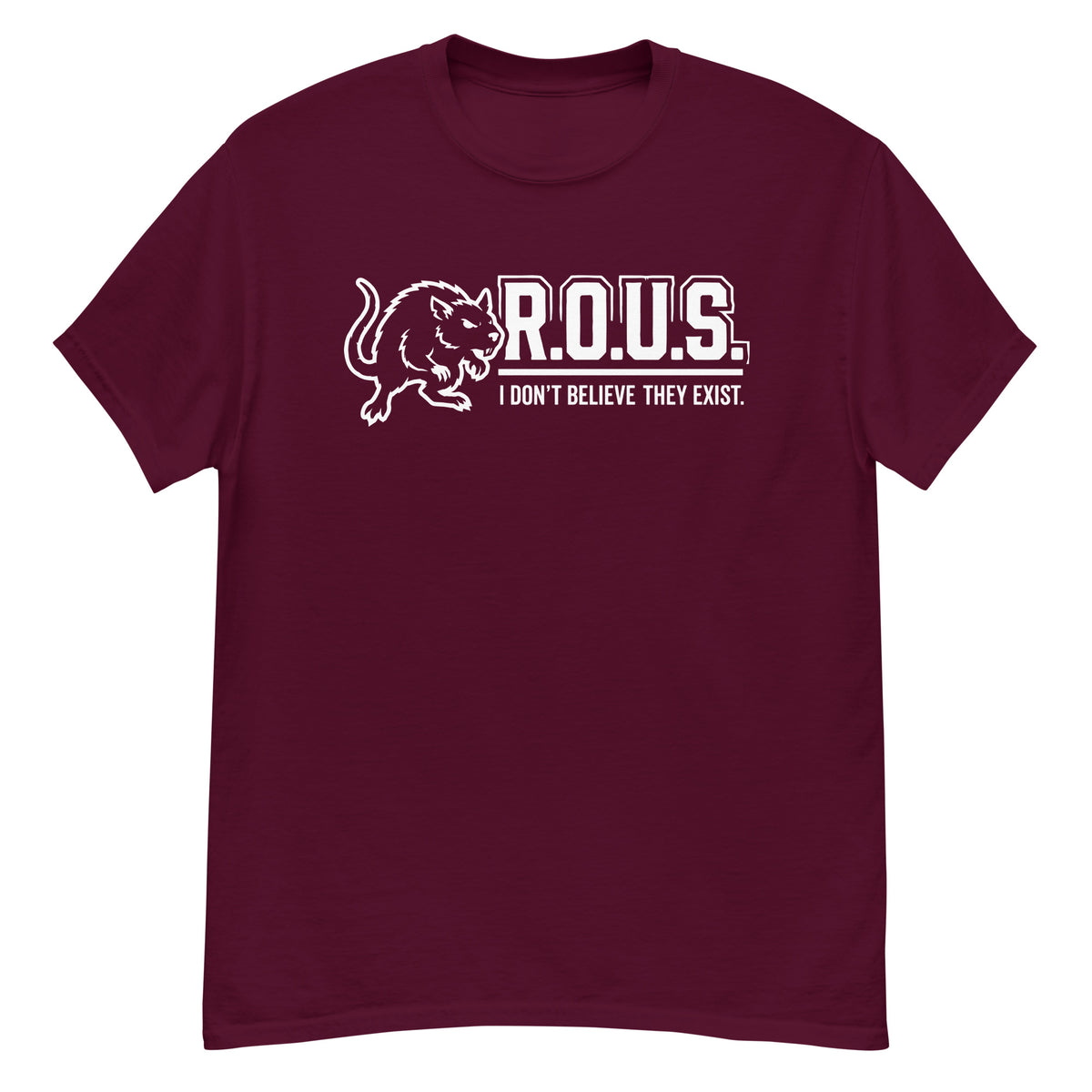 Maroon classic T-shirt, front view, featuring the R.O.U.S. Denial Squad classic tee design