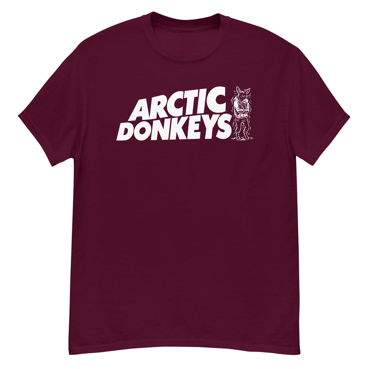 Maroon classic T-shirt, front view, featuring the Arctic Donkeys design