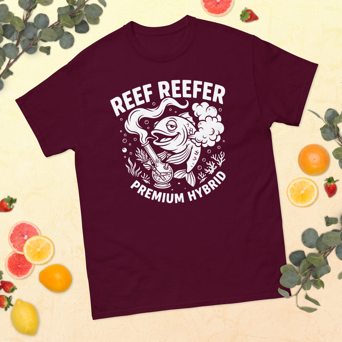 Reef Reefer: Premium Hybrid Unisex Classic T-Shirt, maroon, front view