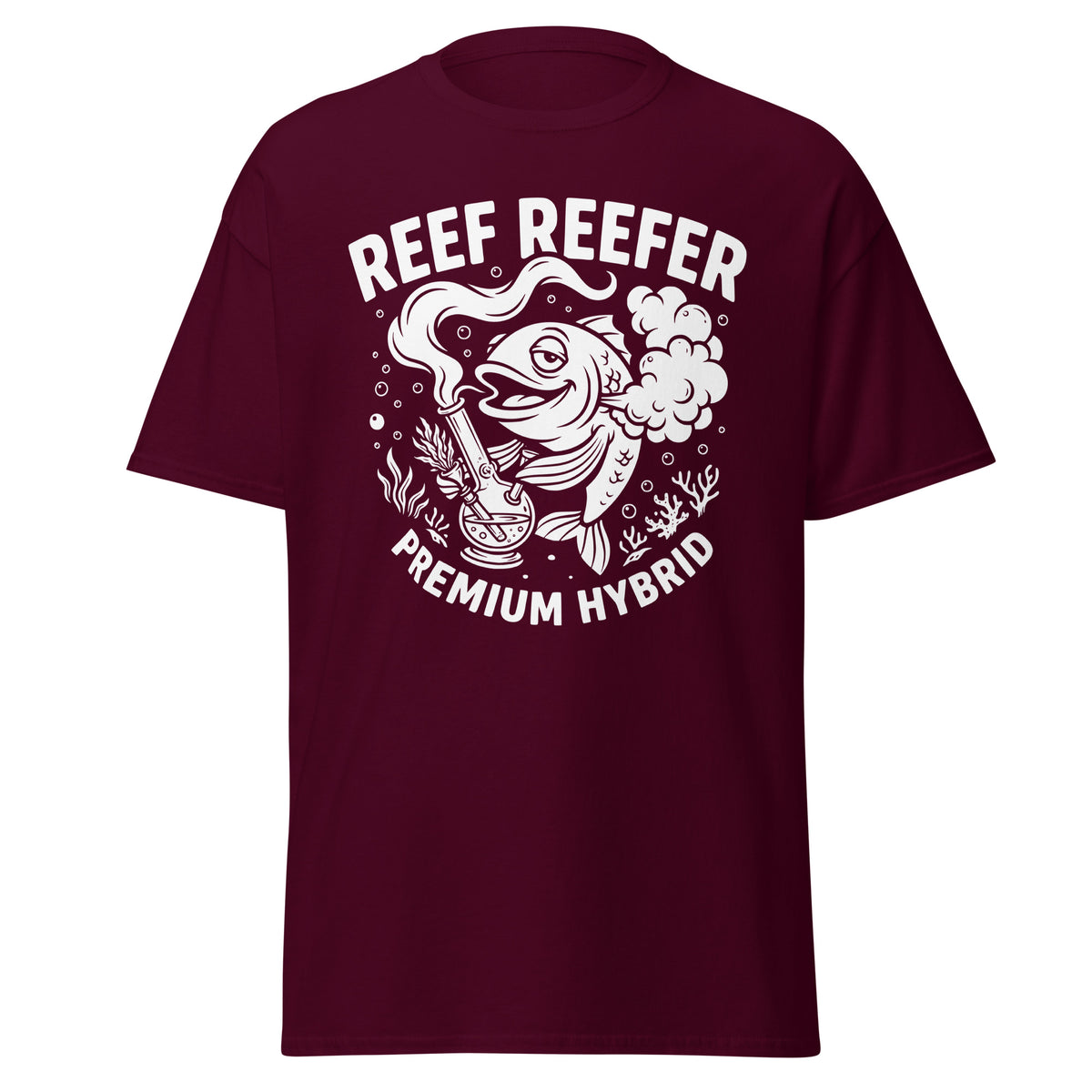 Reef Reefer: Premium Hybrid Unisex Classic T-Shirt, maroon, front view