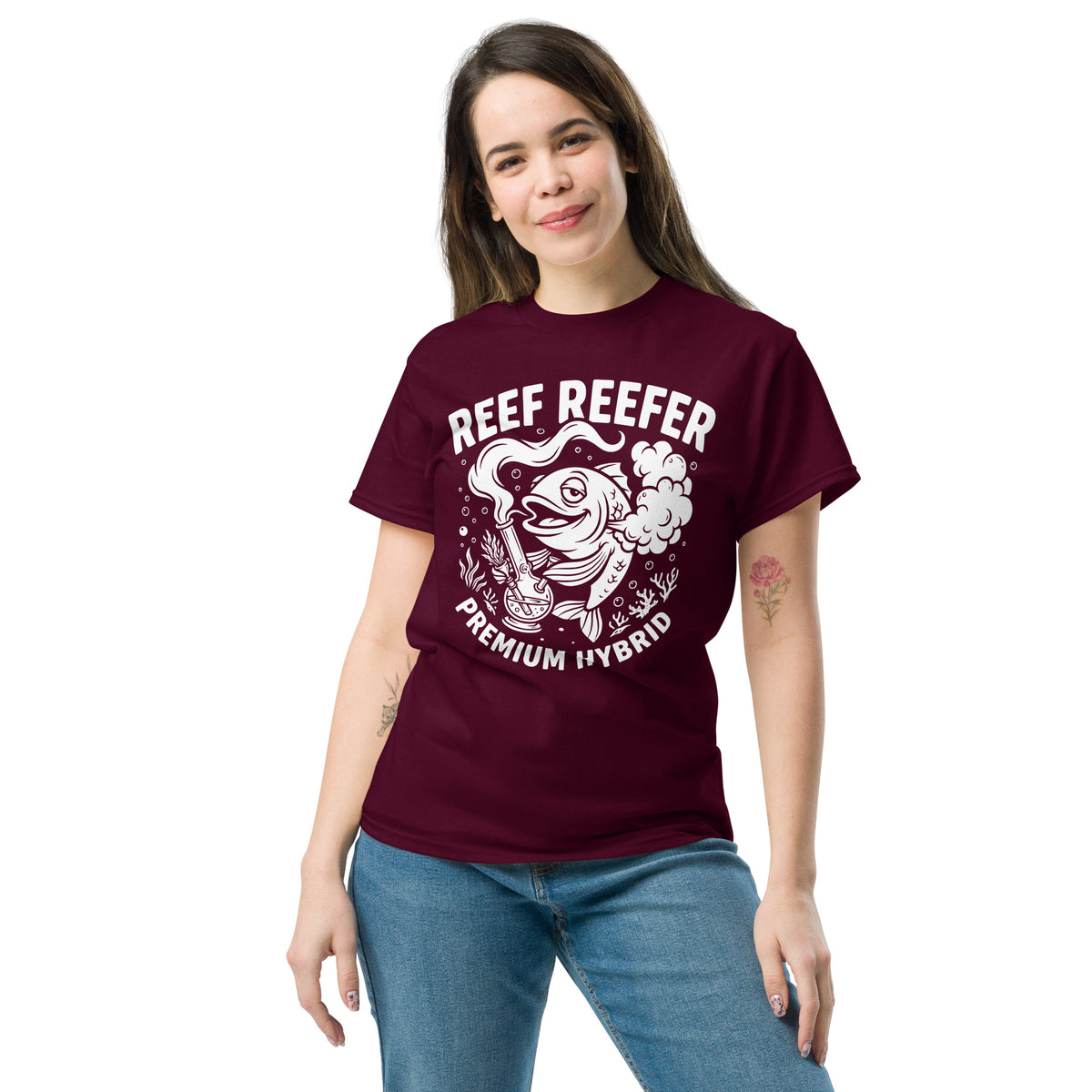 Reef Reefer: Premium Hybrid Unisex Classic T-Shirt, maroon, front view