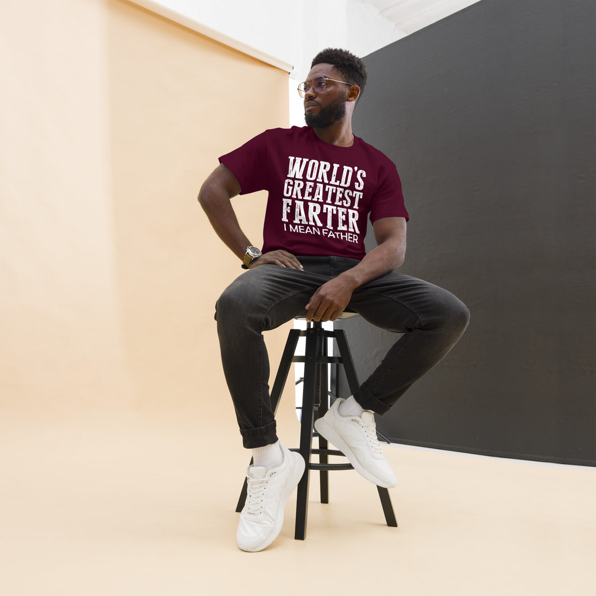Maroon classic T-shirt, front view, featuring white World's Greatest Farter, I Mean Father lettering.
