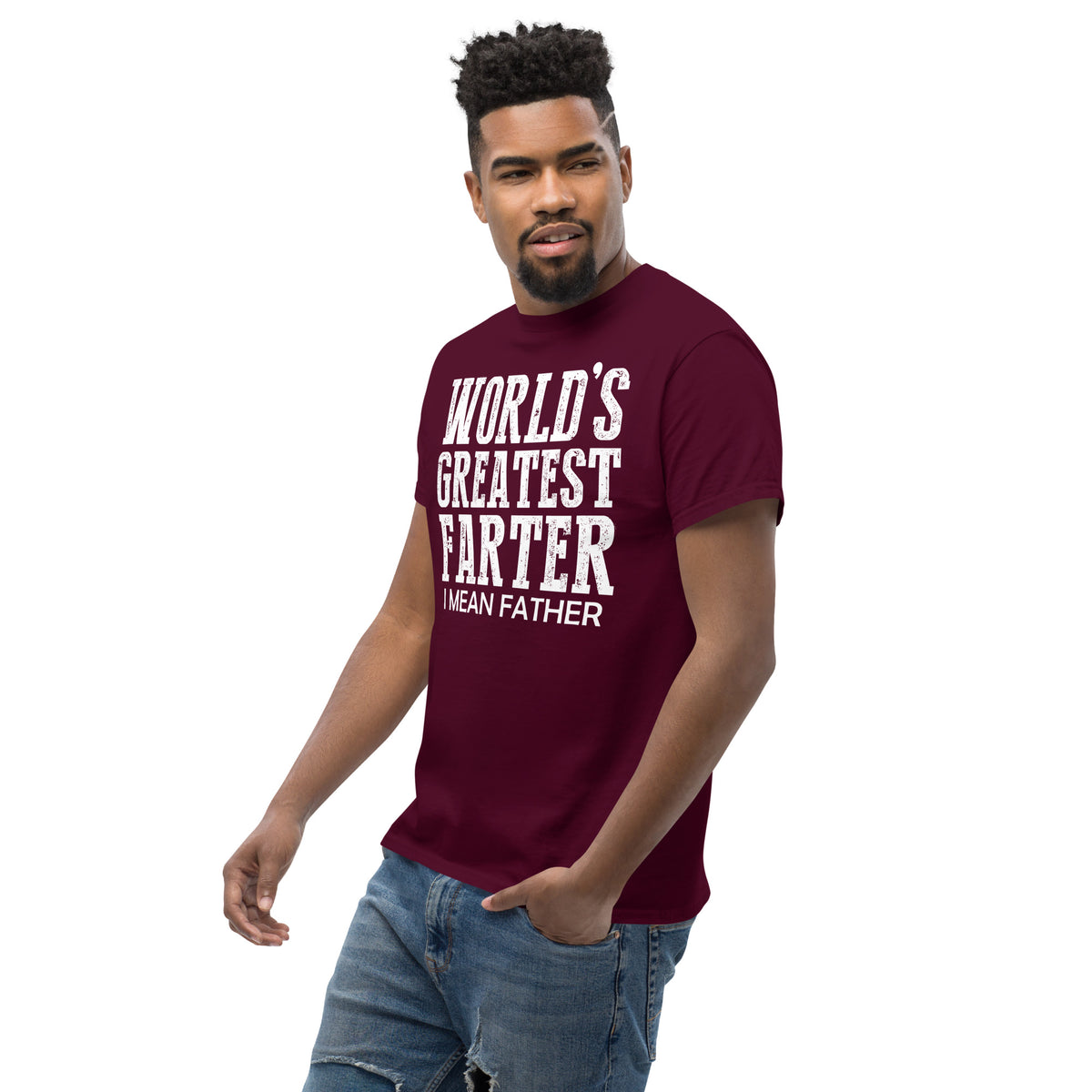 Maroon classic T-shirt, left-front angled view, featuring white World's Greatest Farter, I Mean Father lettering.