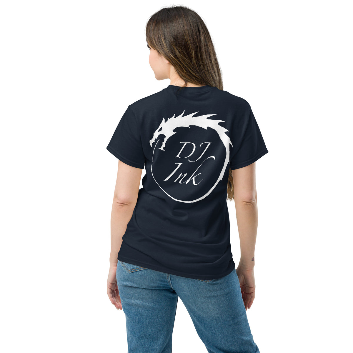 Navy classic T-shirt, back view, for the DJ Ink white Ouroboros dragon-circle logo.