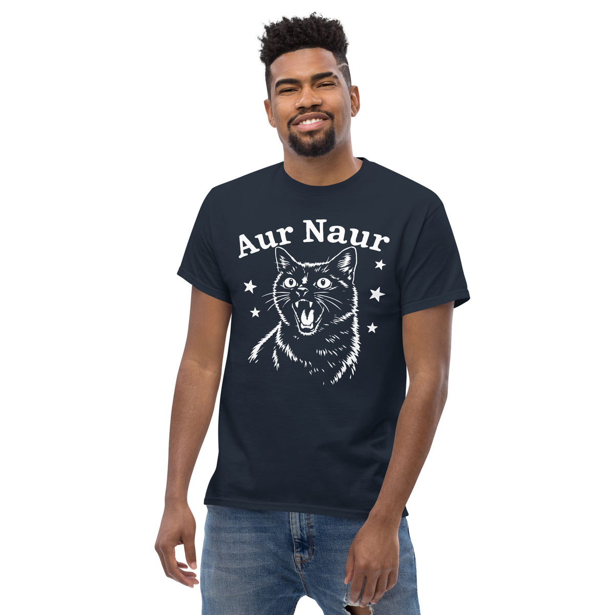Navy classic T-shirt, alternate front view, featuring Aur Naur white cat portrait and music-themed lettering.