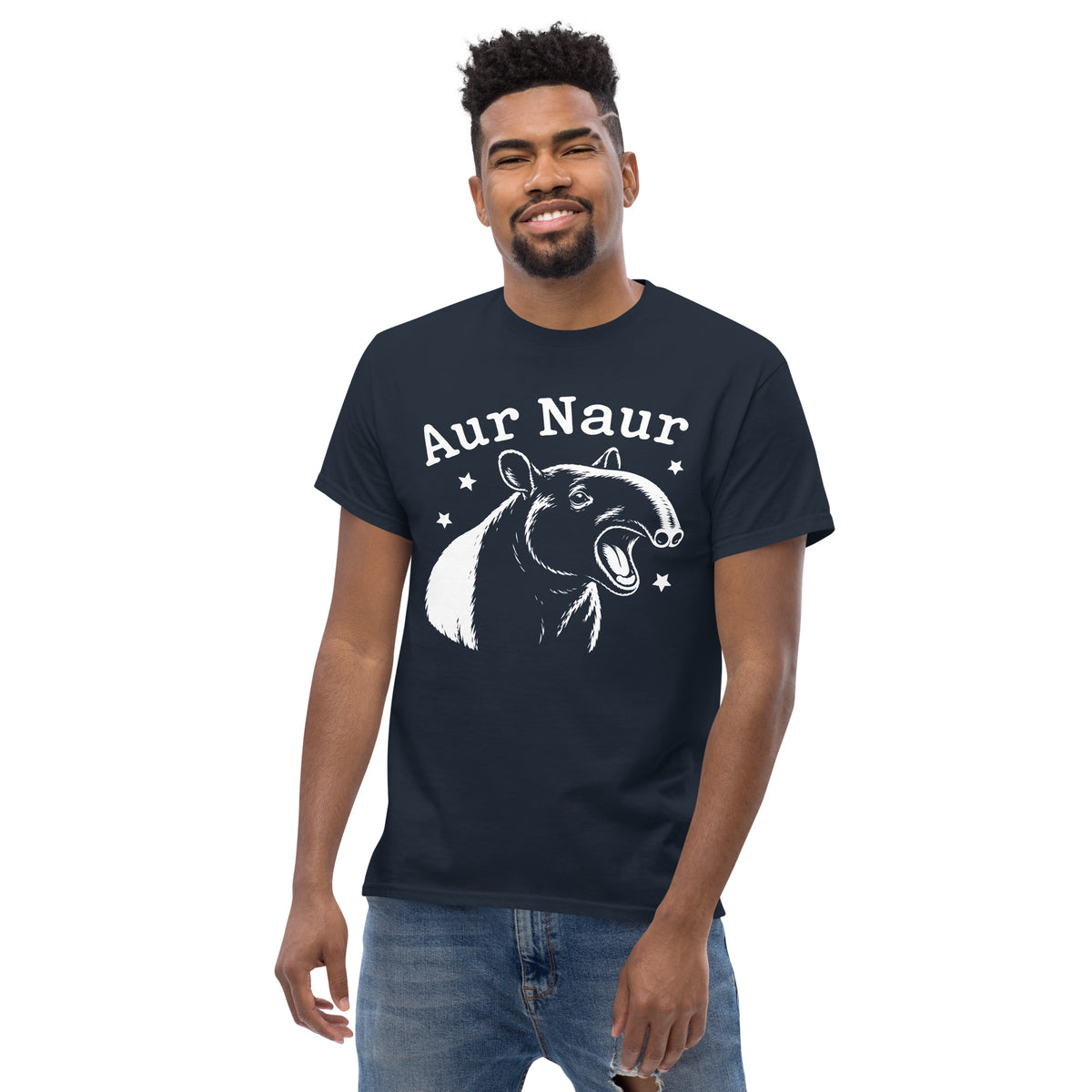 Navy classic T-shirt, alternate front view, featuring Aur Naur white tapir portrait, stars and lettering.