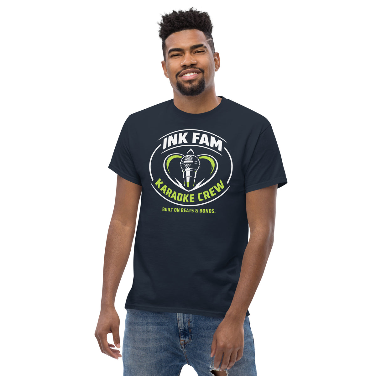 Navy classic T-shirt, alternate front view, featuring DJ Ink Fam green-and-white circular microphone badge.