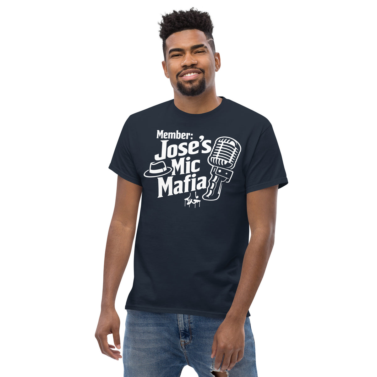 Navy classic T-shirt, alternate front view, featuring Jose's Mic Mafia microphone and fedora design.