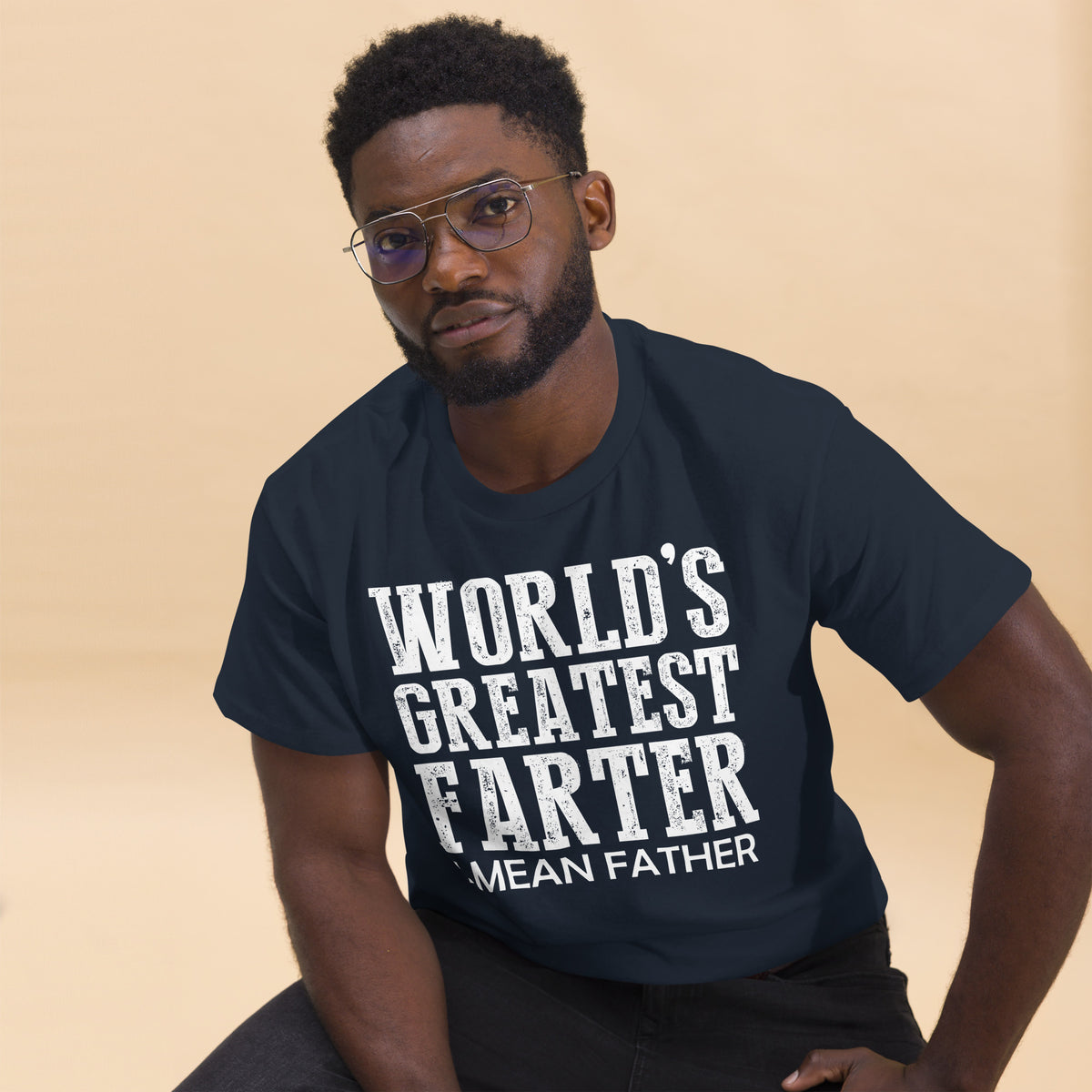 Navy classic T-shirt, alternate front mockup, featuring white World's Greatest Farter, I Mean Father lettering.