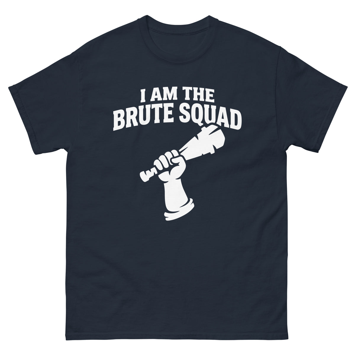 Navy classic T-shirt, front view, featuring the Brute Squad Royal Enforcer classic tee design
