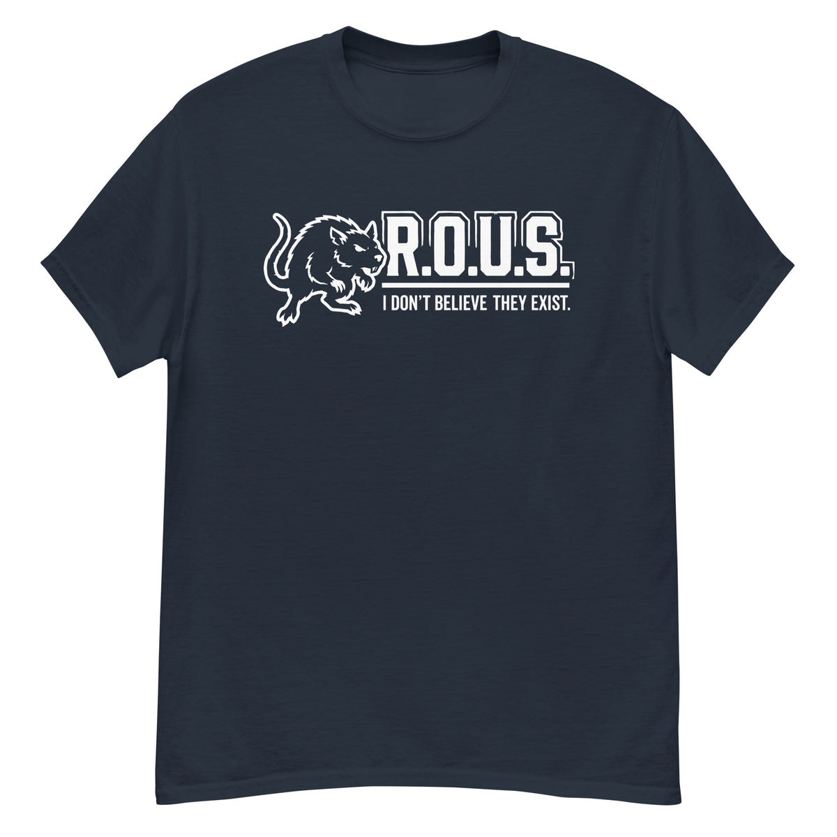 Navy classic T-shirt, front view, featuring the R.O.U.S. Denial Squad classic tee design
