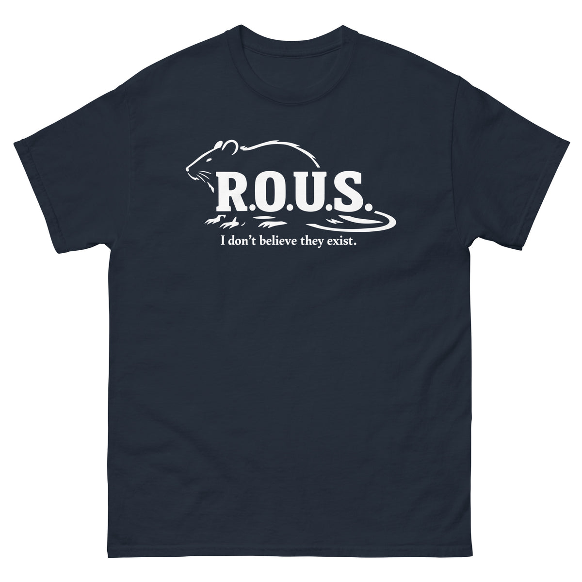 Navy classic T-shirt, front view, featuring the R.O.U.S. Field Report Graphic T-Shirt design
