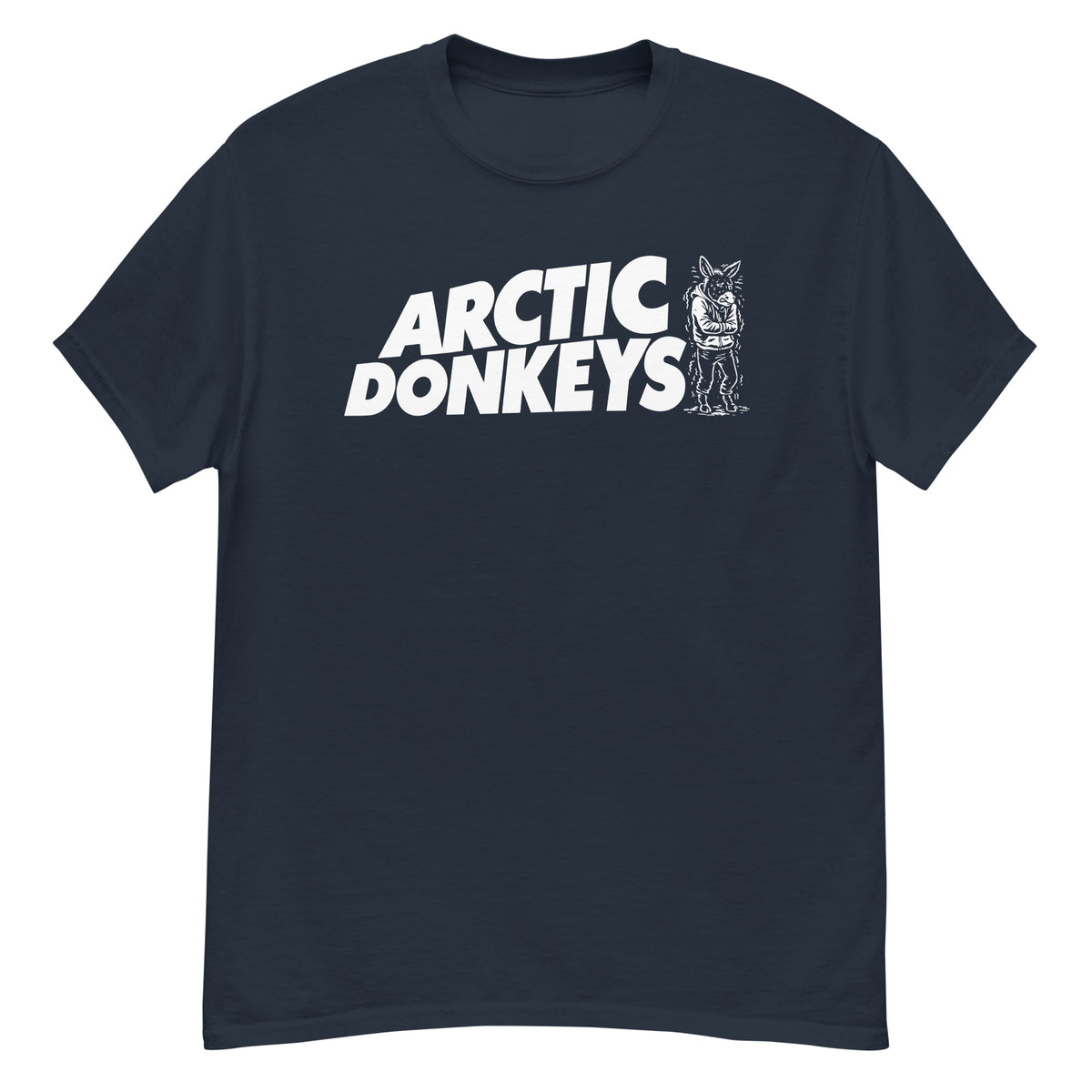 Navy classic T-shirt, front view, featuring the Arctic Donkeys design