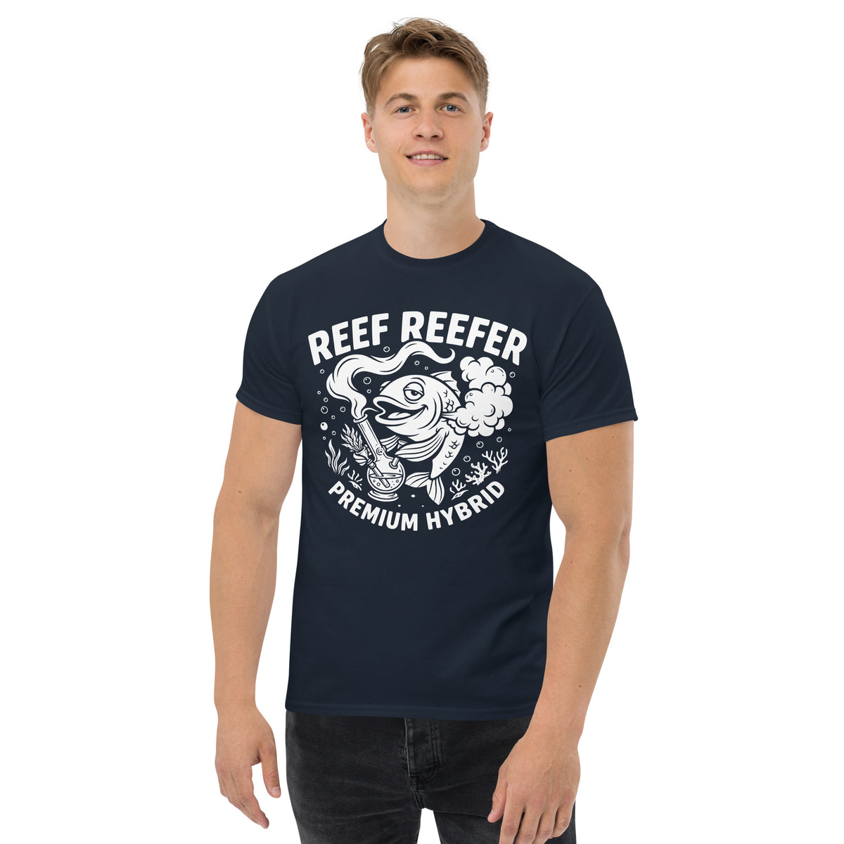 Reef Reefer: Premium Hybrid Unisex Classic T-Shirt, navy, front view