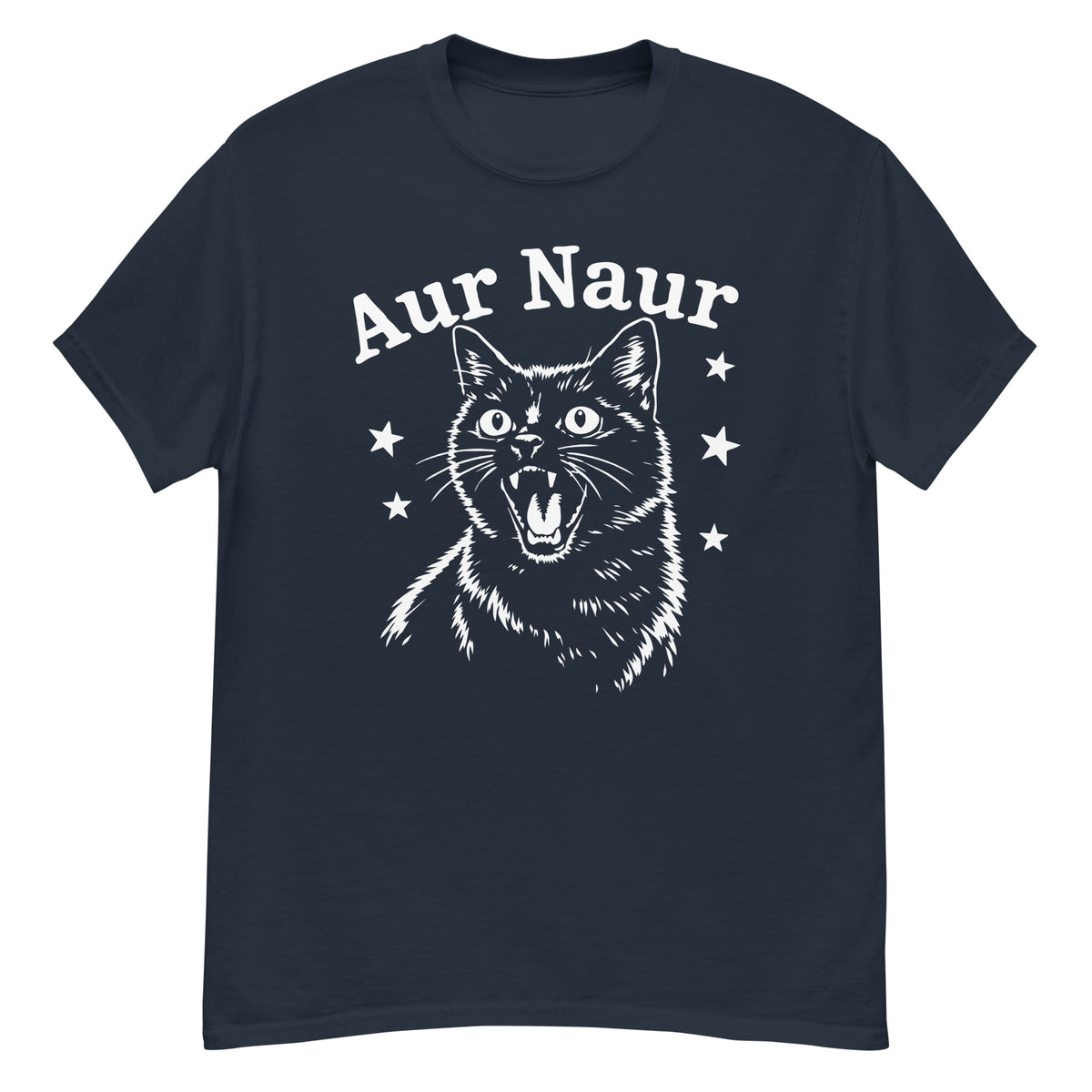 Navy classic T-shirt, front view, featuring Aur Naur white cat portrait and music-themed lettering.