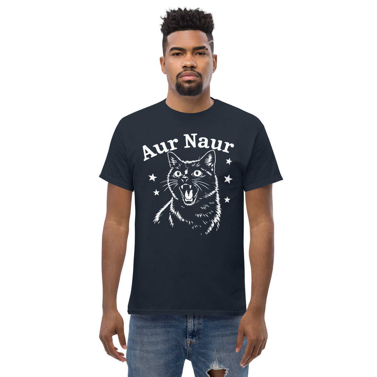 Navy classic T-shirt, front view, featuring Aur Naur white cat portrait and music-themed lettering.