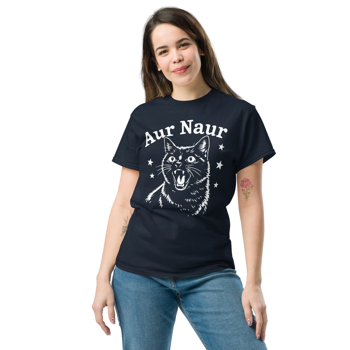 Navy classic T-shirt, front view, featuring Aur Naur white cat portrait and music-themed lettering.