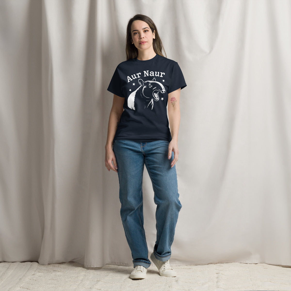 Navy classic T-shirt, front view, featuring Aur Naur white tapir portrait, stars and lettering.