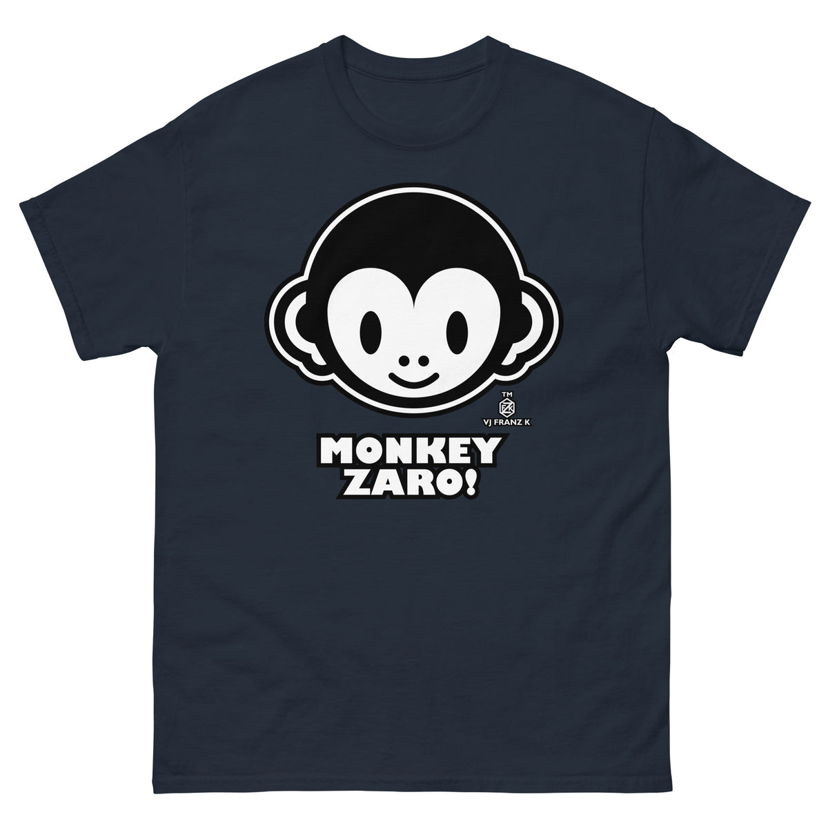 Navy classic T-shirt, front view, featuring Monkey Zaro! white cartoon monkey face and lettering.