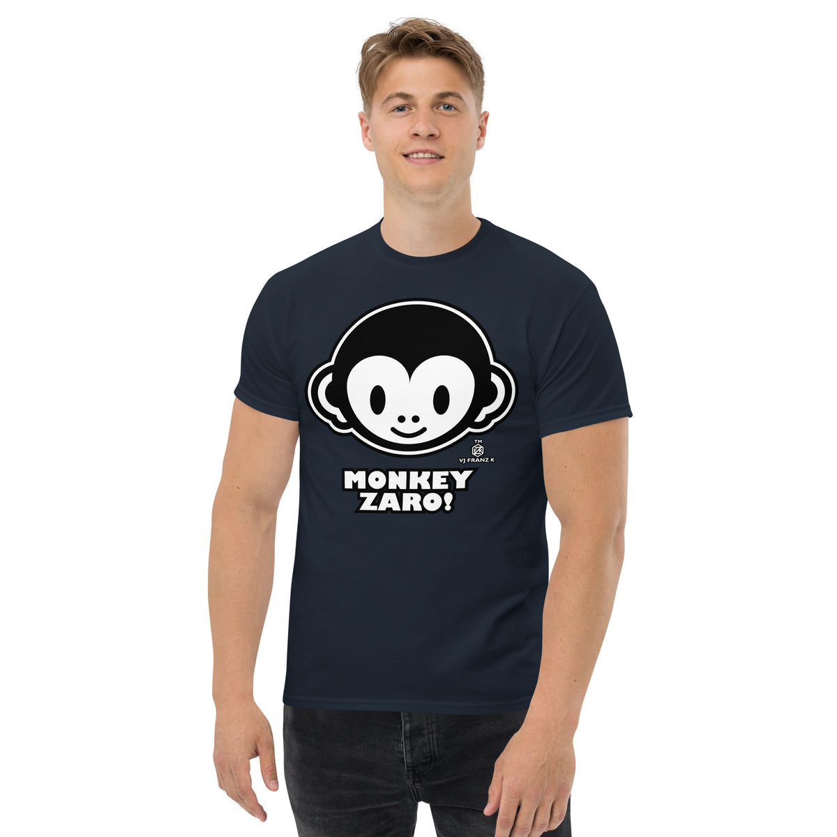 Navy classic T-shirt, front view, featuring Monkey Zaro! white cartoon monkey face and lettering.