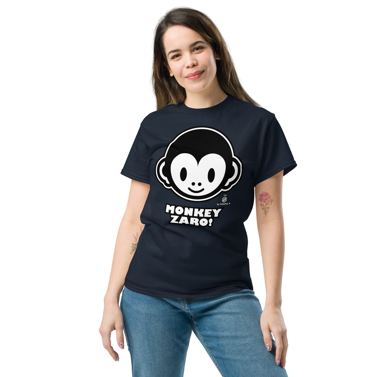 Navy classic T-shirt, front view, featuring Monkey Zaro! white cartoon monkey face and lettering.