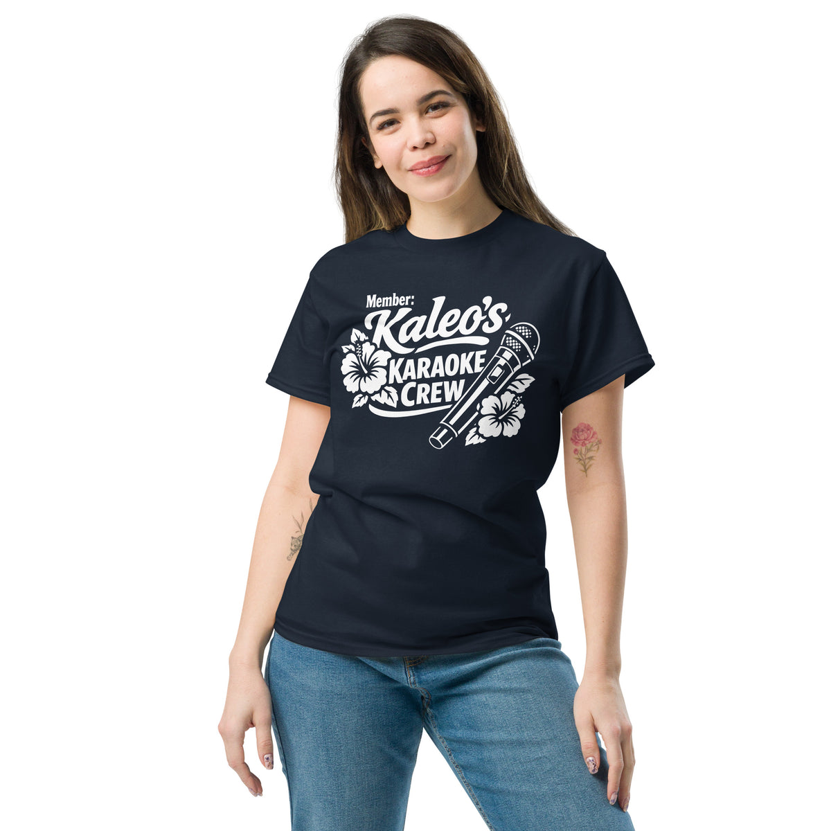 Navy classic T-shirt, front view, featuring Kaleo's Karaoke Crew lettering, microphone, and hibiscus flowers.