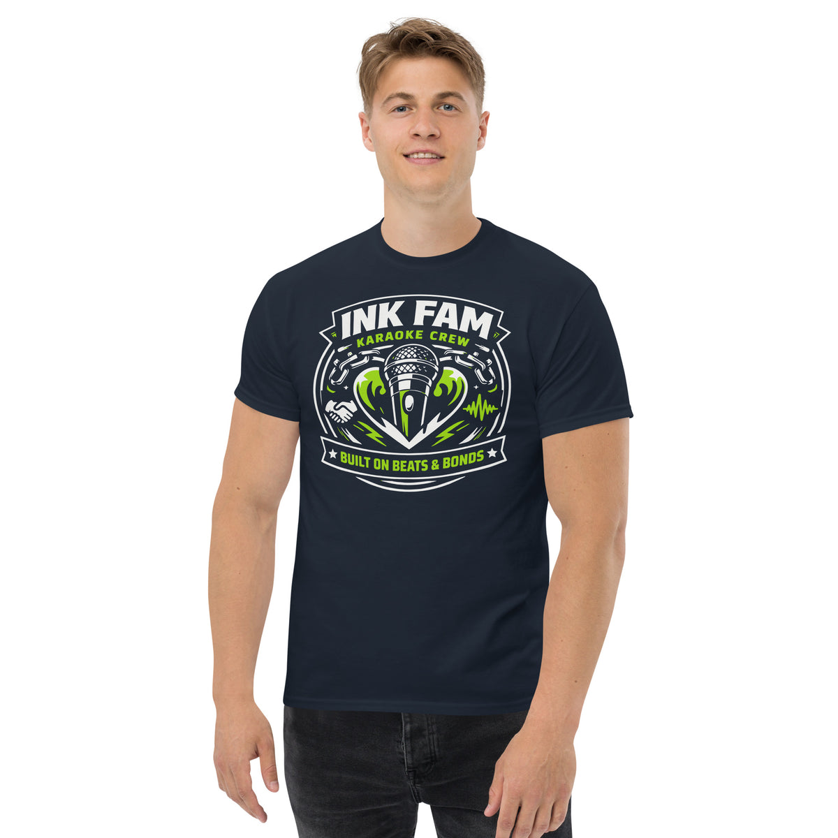 Navy classic T-shirt, front view, featuring DJ Ink Beats & Bonds shield with a microphone and green-and-white lettering.