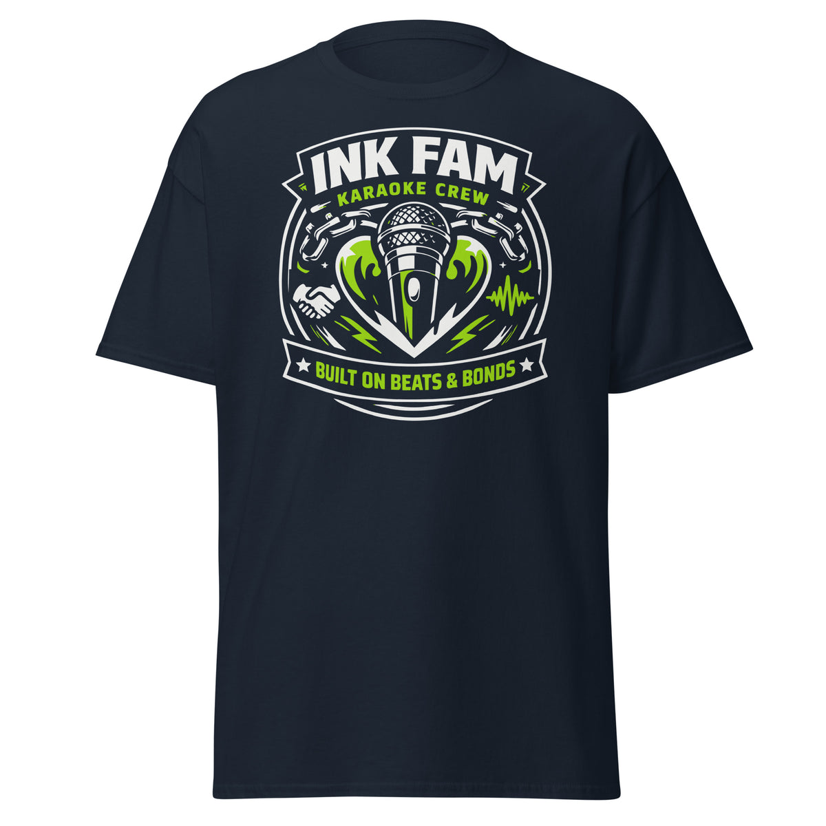 Navy classic T-shirt, front view, featuring DJ Ink Beats & Bonds shield with a microphone and green-and-white lettering.