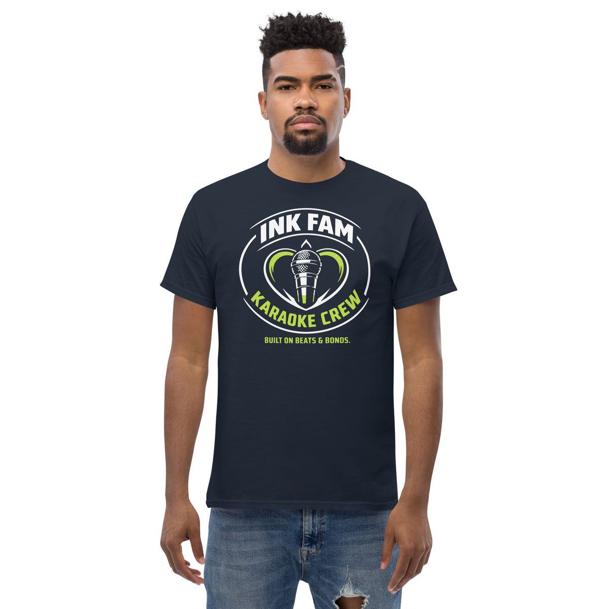 Navy classic T-shirt, front view, featuring DJ Ink Fam green-and-white circular microphone badge.