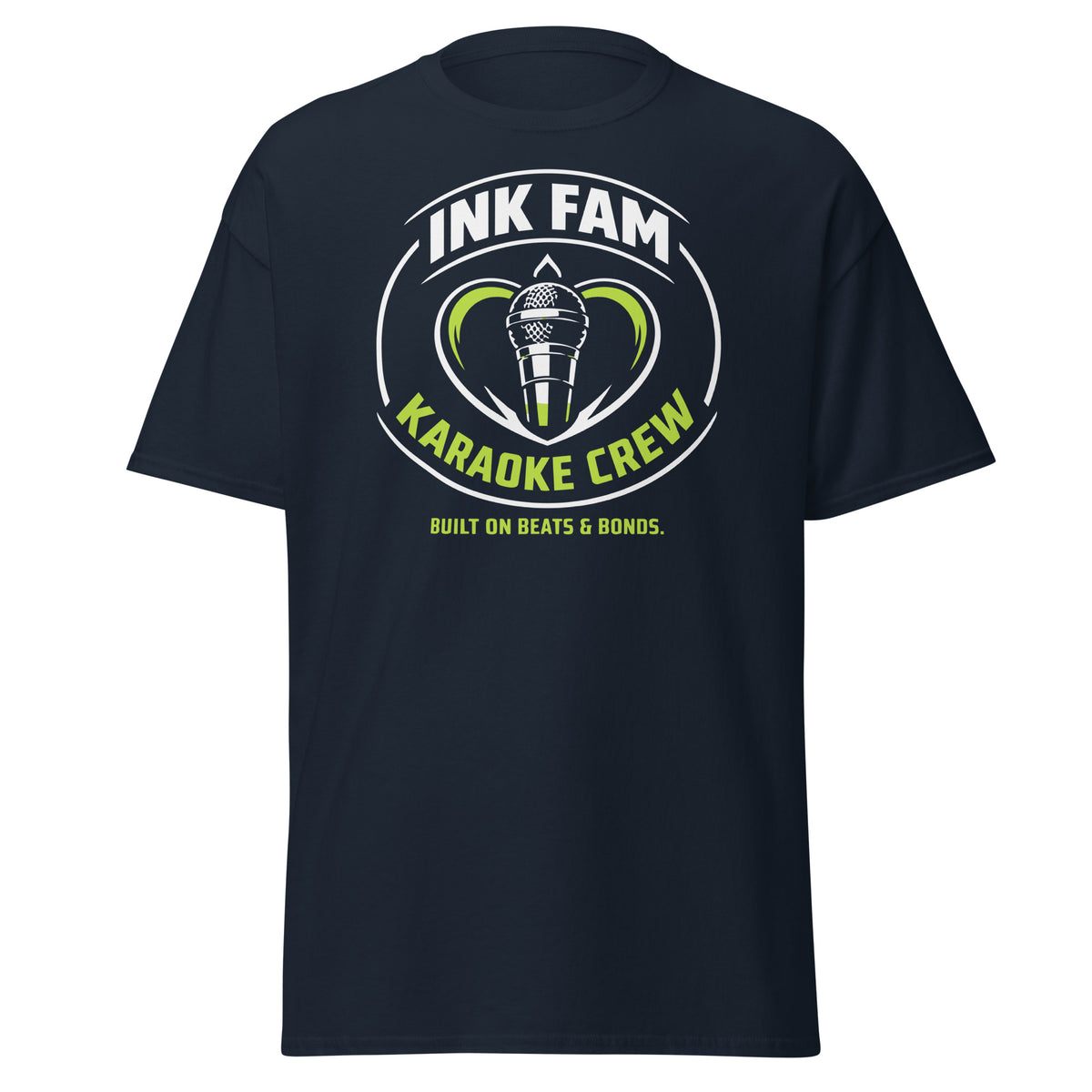 Navy classic T-shirt, front view, featuring DJ Ink Fam green-and-white circular microphone badge.