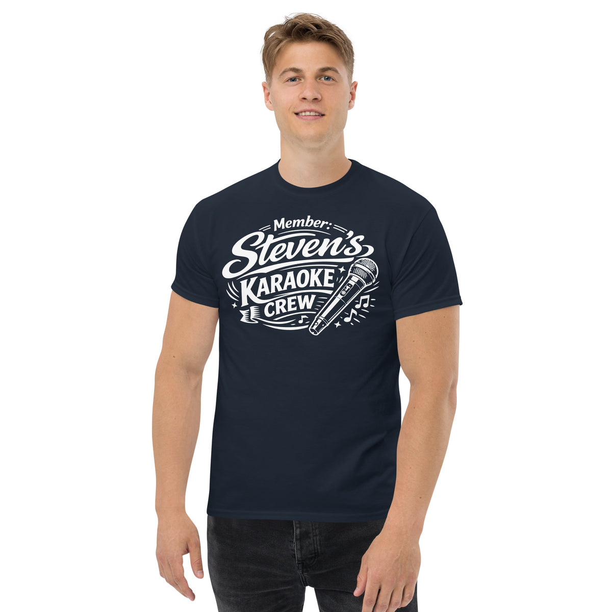 Navy classic T-shirt, front view, featuring Steven's Karaoke Crew lettering and microphone graphic.