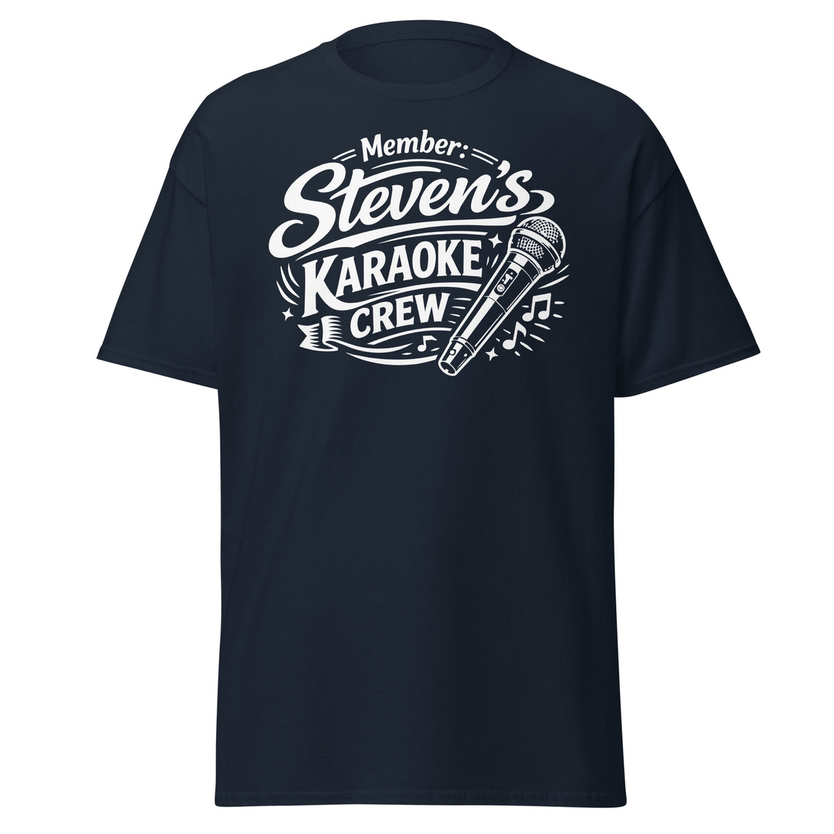 Navy classic T-shirt, front view, featuring Steven's Karaoke Crew lettering and microphone graphic.