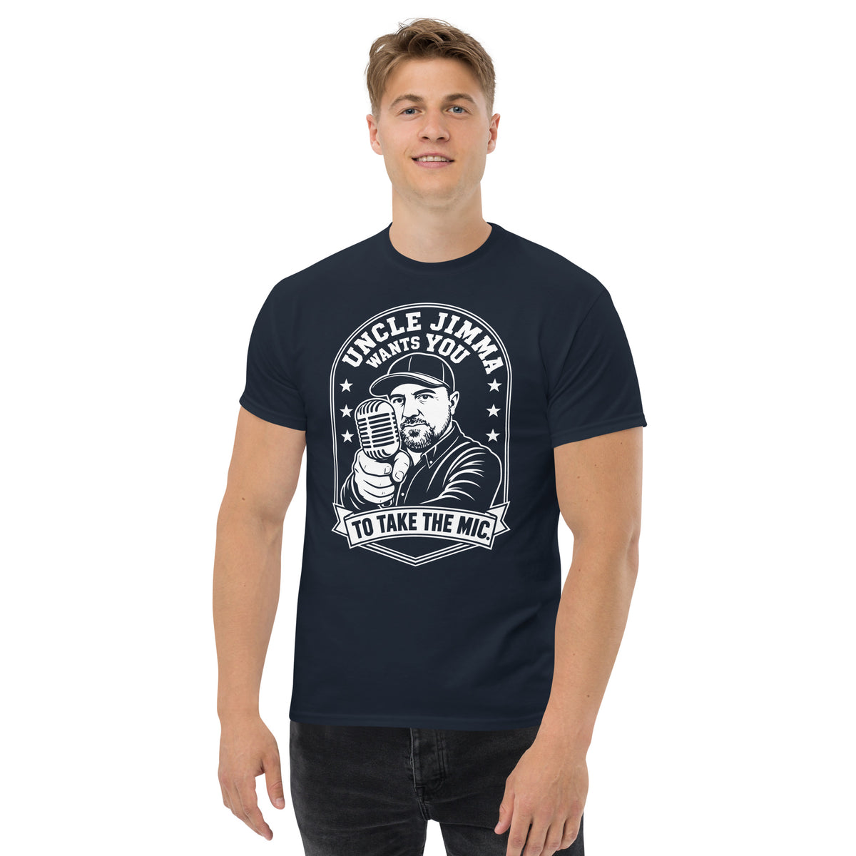 Navy classic T-shirt, front view, featuring Uncle Jimma Wants You to Take the Mic pointing portrait and microphone.