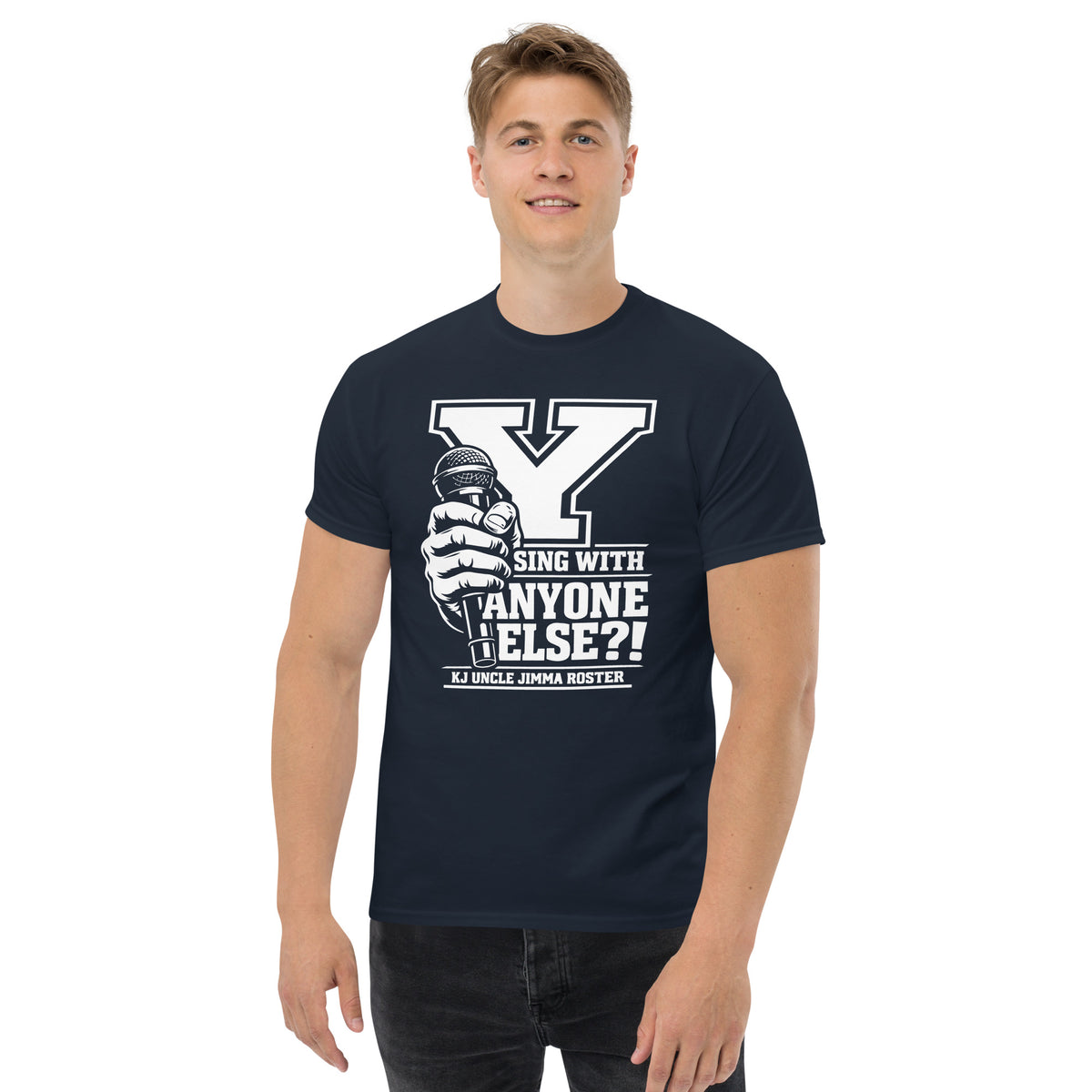 Navy classic T-shirt, front view, featuring Uncle Jimma Roster Anthem varsity Y with hand-held microphone.