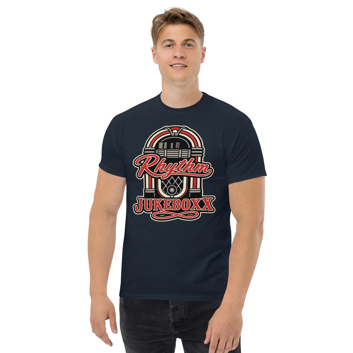 Navy classic T-shirt, front view, featuring Rhythm Jukeboxx red-and-cream retro jukebox graphic.