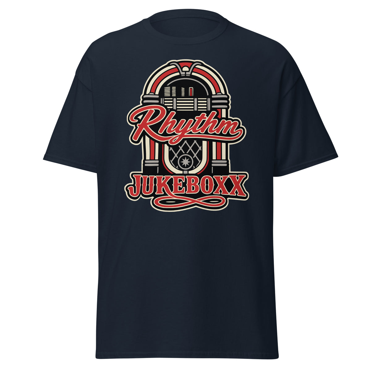 Navy classic T-shirt, front view, featuring Rhythm Jukeboxx red-and-cream retro jukebox graphic.