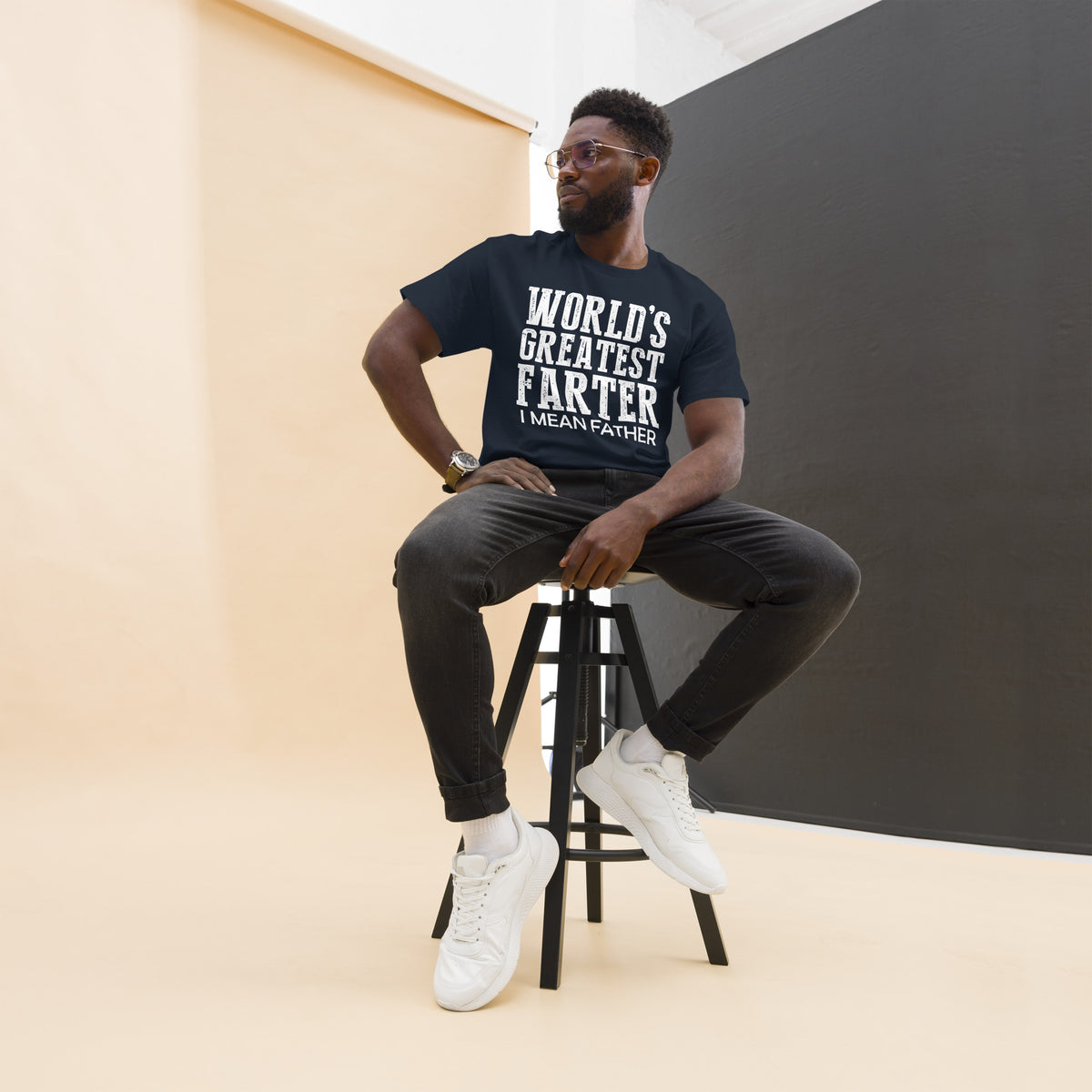Navy classic T-shirt, front view, featuring white World's Greatest Farter, I Mean Father lettering.