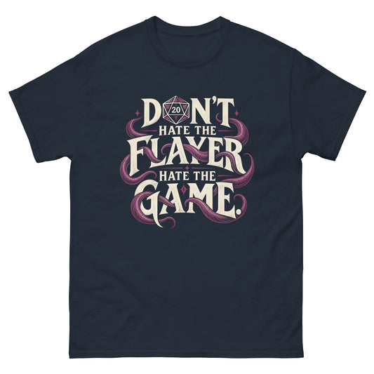 Navy classic T-shirt, front view, featuring Don't Hate the Flayer, Hate the Game artwork with magenta tentacles and a D20.