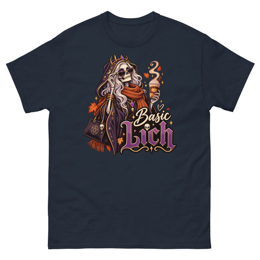 Navy classic T-shirt, front view, featuring the Basic Lich pumpkin spice skeleton design