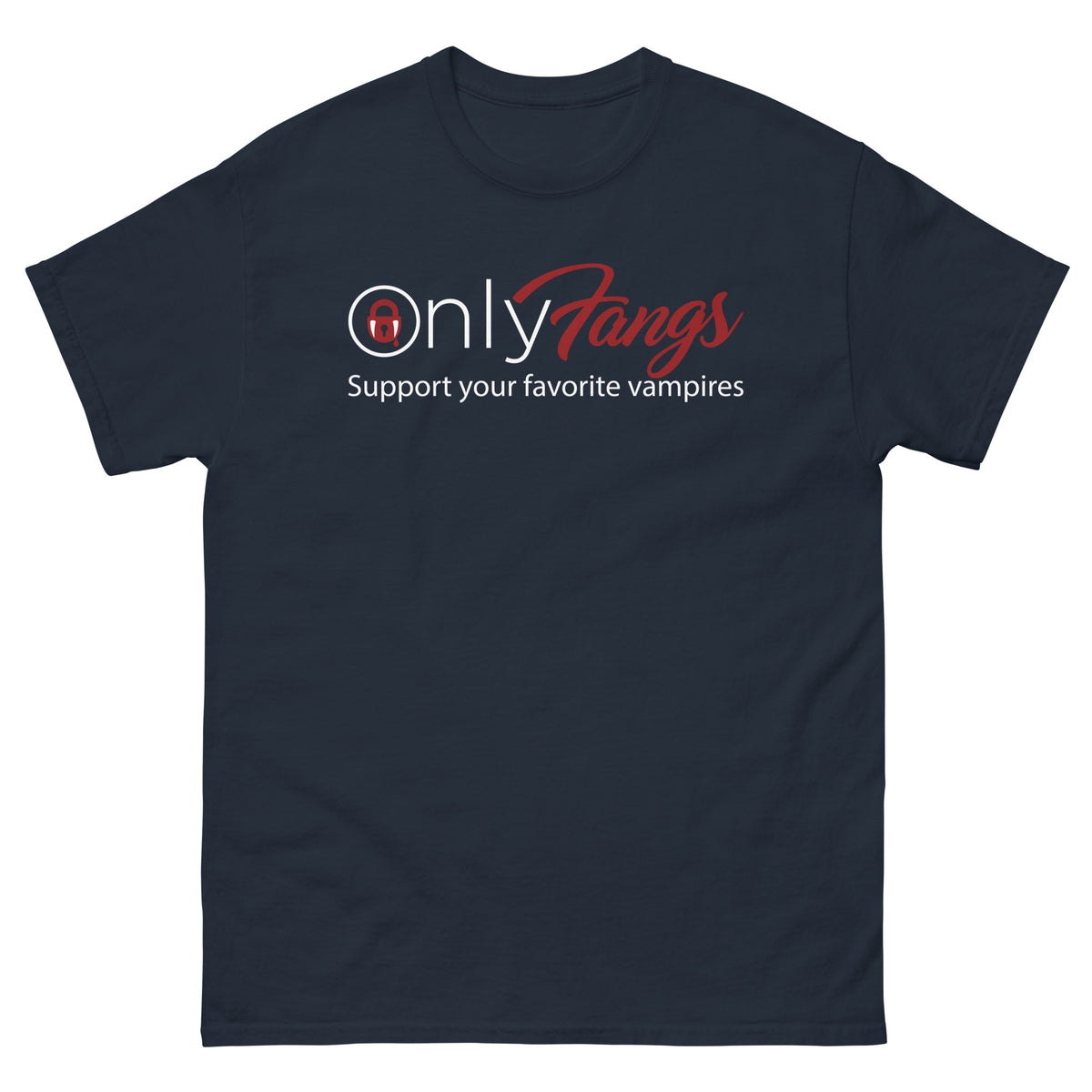 Navy classic T-shirt, front view, featuring the OnlyFangs vampire design