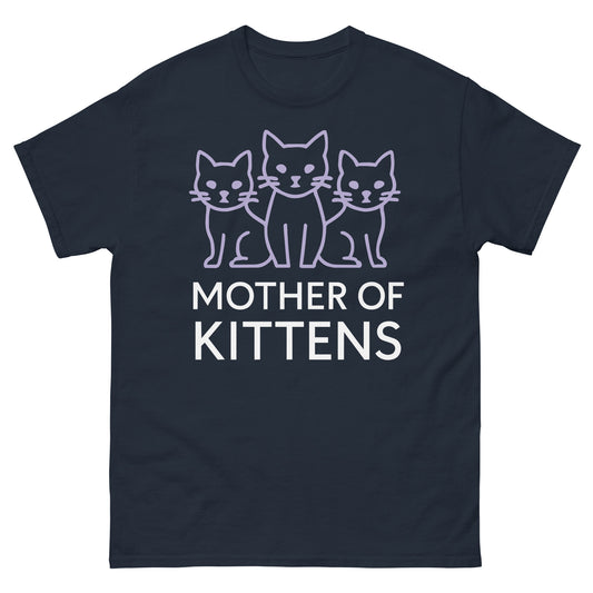 Navy classic T-shirt, front view, featuring the Mother of Kittens Three Cats design