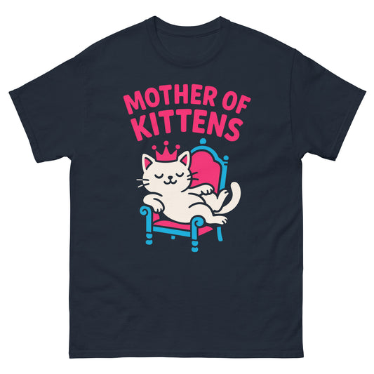 Navy classic T-shirt, front view, featuring the Mother of Kittens Queen Cat design