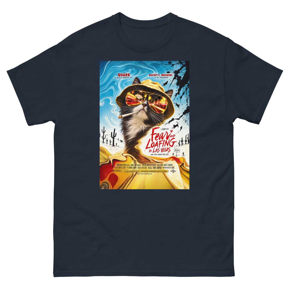 Navy classic T-shirt, front view, featuring the Fear and Loafing in Las Vegas Quark cat poster design