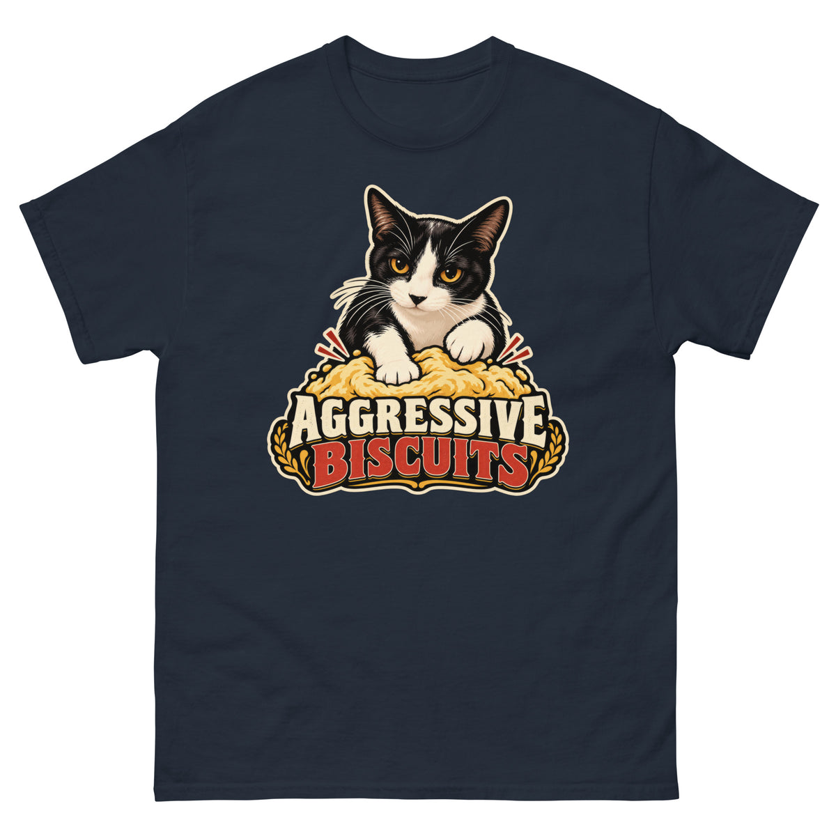 Navy classic T-shirt, front view, featuring the Aggressive Biscuits kneading tuxedo cat design