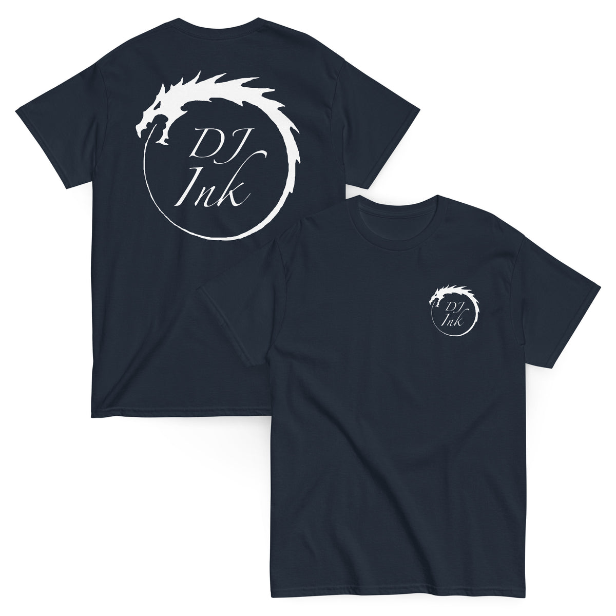 Navy classic T-shirt, front and back views, featuring DJ Ink white Ouroboros dragon-circle logo.