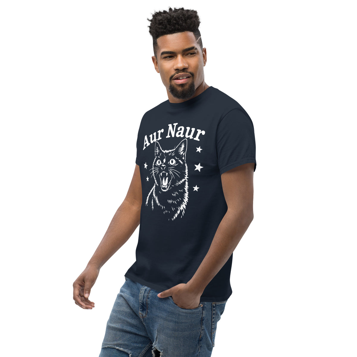 Navy classic T-shirt, left-front angled view, featuring Aur Naur white cat portrait and music-themed lettering.