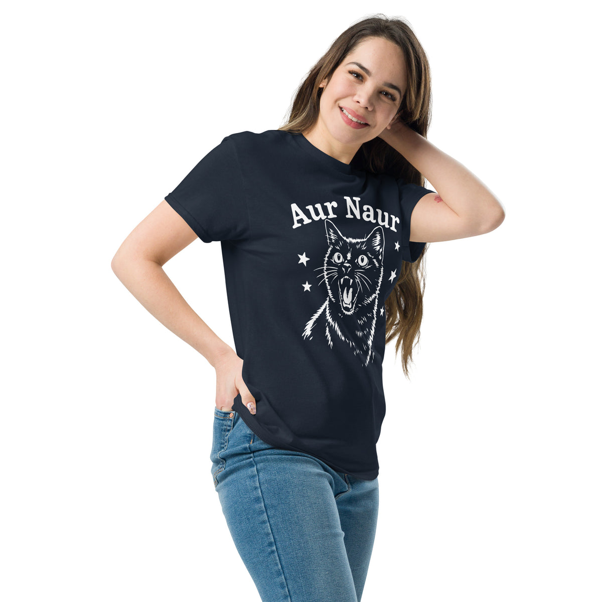Navy classic T-shirt, left-front angled view, featuring Aur Naur white cat portrait and music-themed lettering.