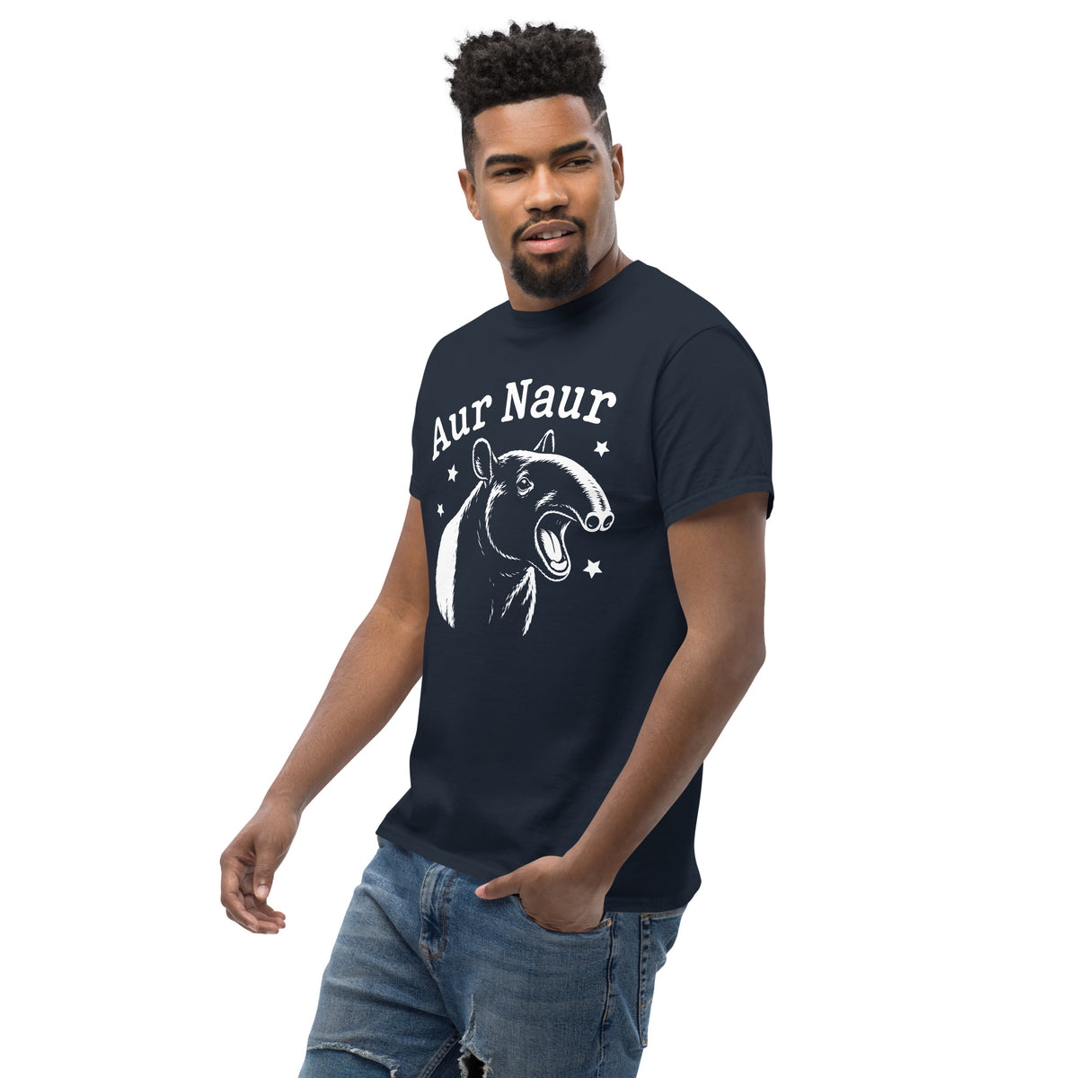 Navy classic T-shirt, left-front angled view, featuring Aur Naur white tapir portrait, stars and lettering.