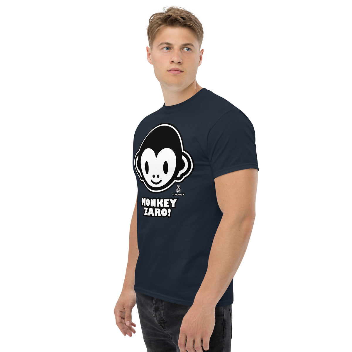 Navy classic T-shirt, left-front angled view, featuring Monkey Zaro! white cartoon monkey face and lettering.