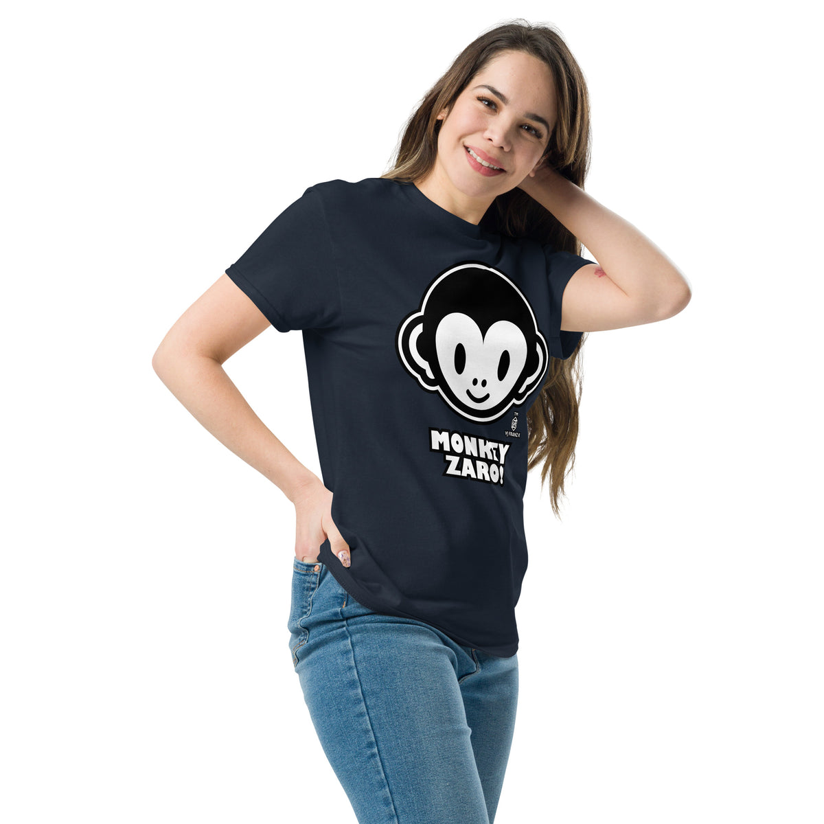 Navy classic T-shirt, left-front angled view, featuring Monkey Zaro! white cartoon monkey face and lettering.